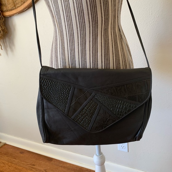 Vintage 80s Albi Gray Leather Crossbody Purse Crocodile Print - Picture 7 of 11